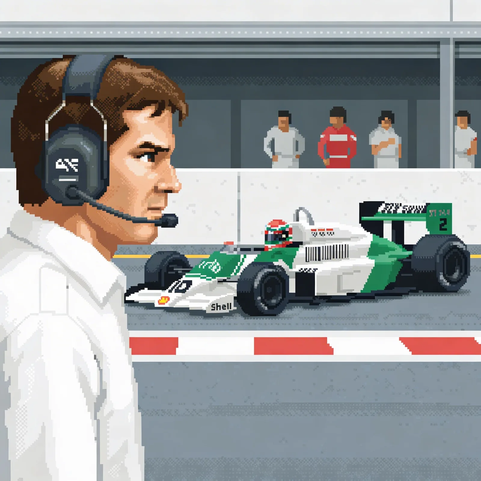 Pixel-art key art from Welcome to the Piranha Club: a team principal in a white shirt and headset watches a green-and-white Grand Prix car in the pit lane.