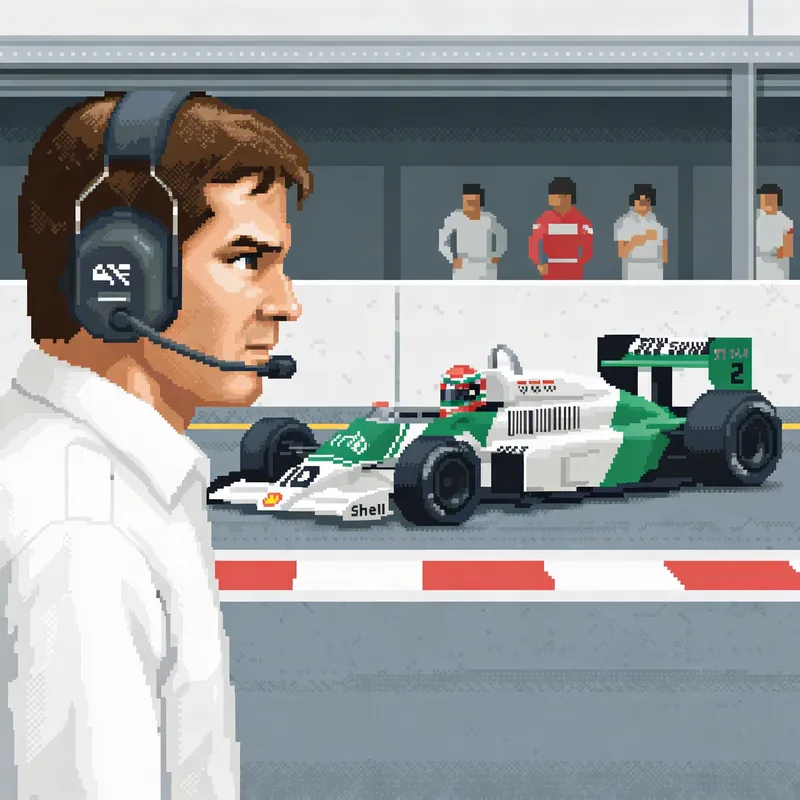 Key art for Welcome to the Piranha Club: a team principal watches a Grand Prix car in the pit lane.
