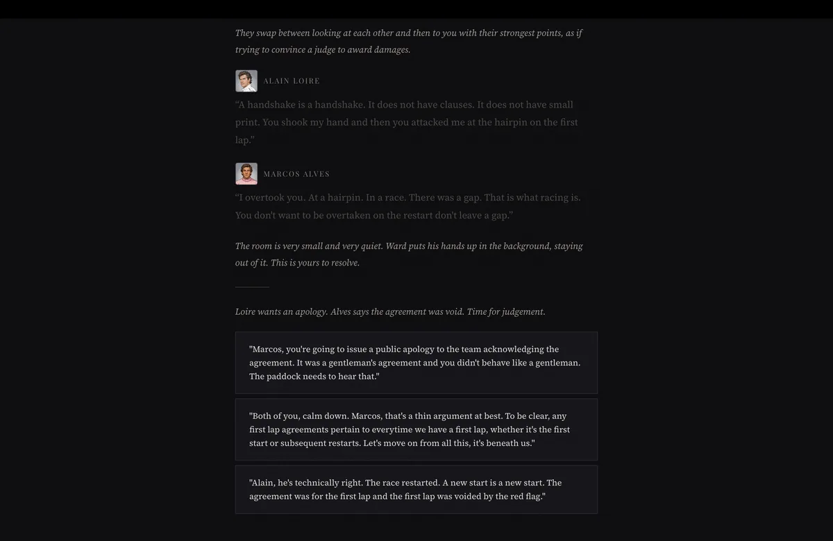 Two drivers disputing an incident at a hairpin, with three replies for the team principal to choose between.