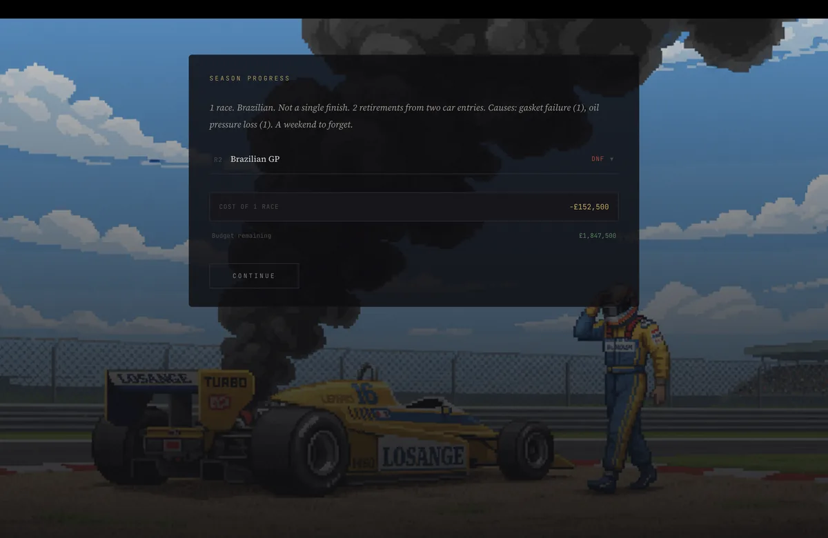 A race result screen after the Brazilian Grand Prix, with a retired car burning at the trackside and its driver walking away.