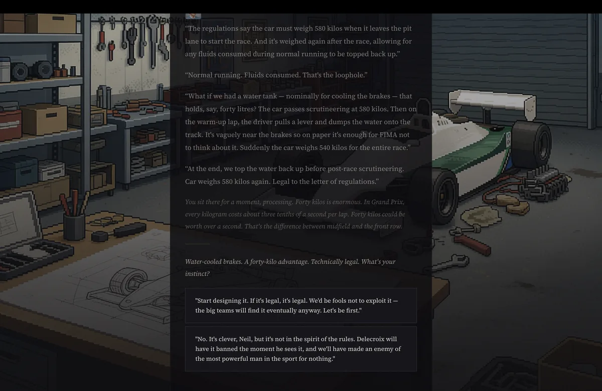 A story event weighing up a water-cooled brakes loophole, with engineers arguing either side and two replies to choose from.